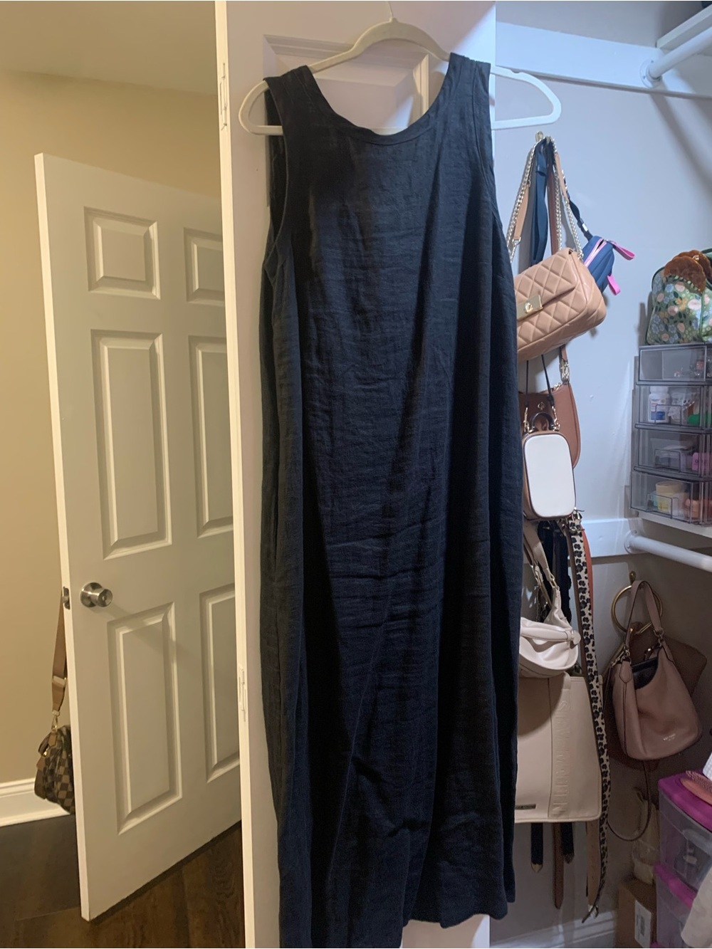 Women's Black linen Sleeveless low back Maxi Dress. With pockets